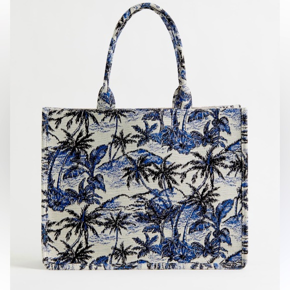 H&M Handbags - H&M navy cream jacquard weave open top structured handbag tote purse tropical